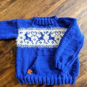 Hand knit Royal Blue Christmas sweater for toddlers Reindeer pattern Fair Isle